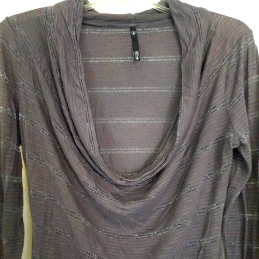 Love Couture long sleeve cowlneck top brown metallic stripes.